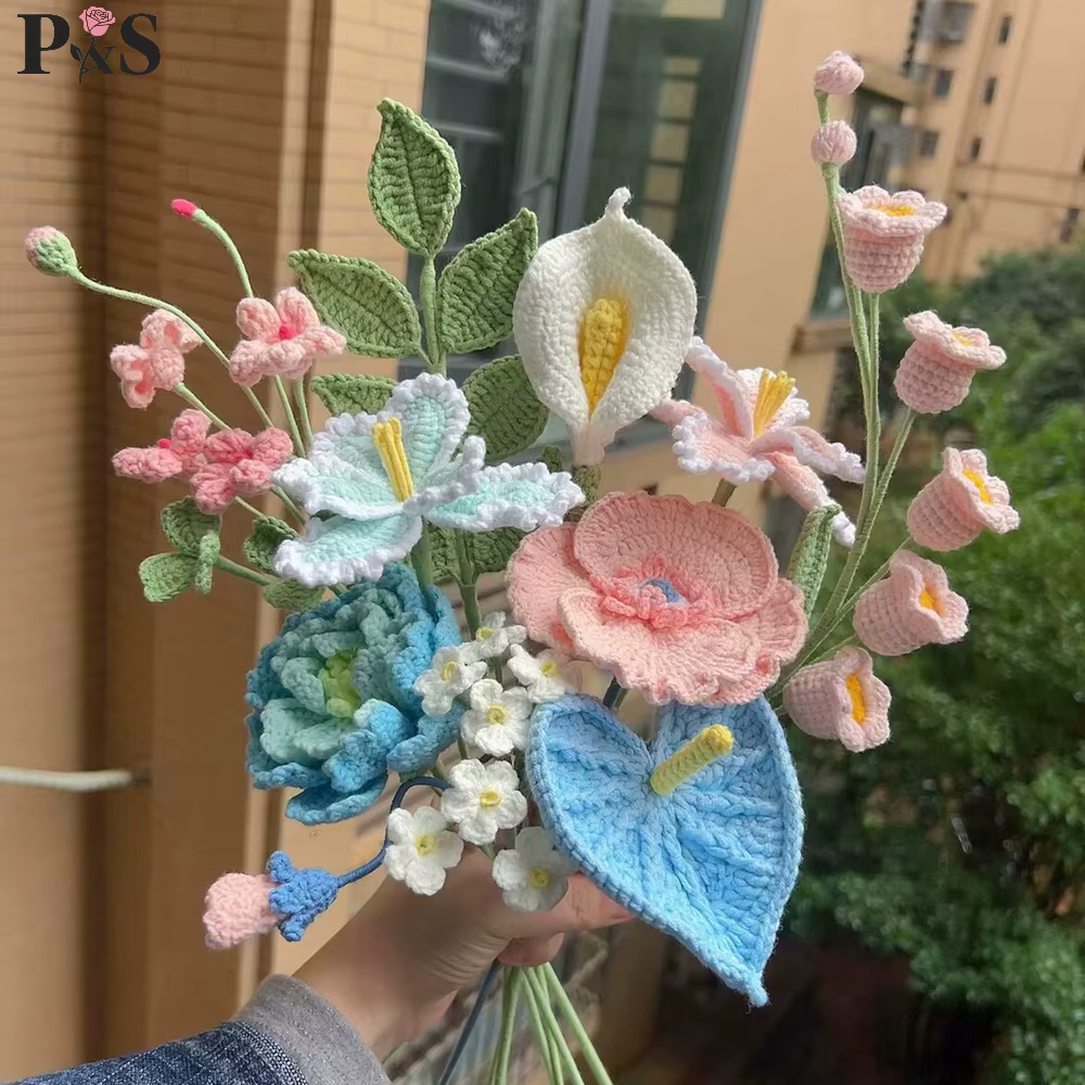 Bouquet de fleurs artificielles au Crochet, fait à la main, de luxe, pivoine, tulipe, Rose, fausses