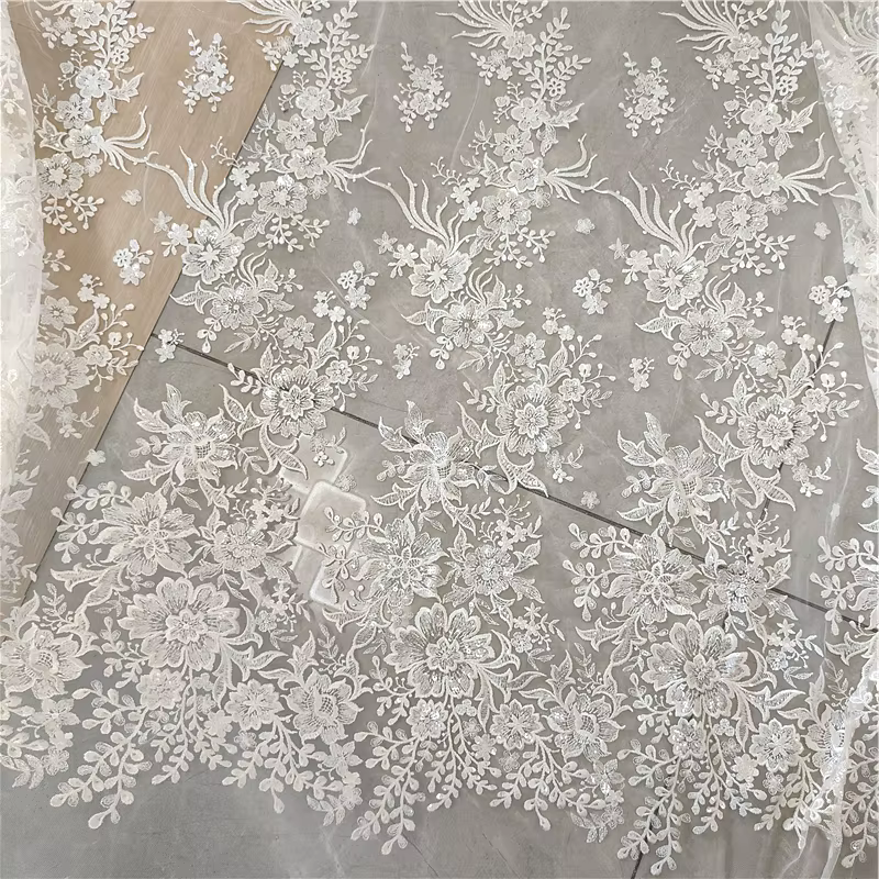 Tissu en Dentelle Florale pour Patients, Broderie avec Paillettes, au Mètre, pour Robe de Mariage