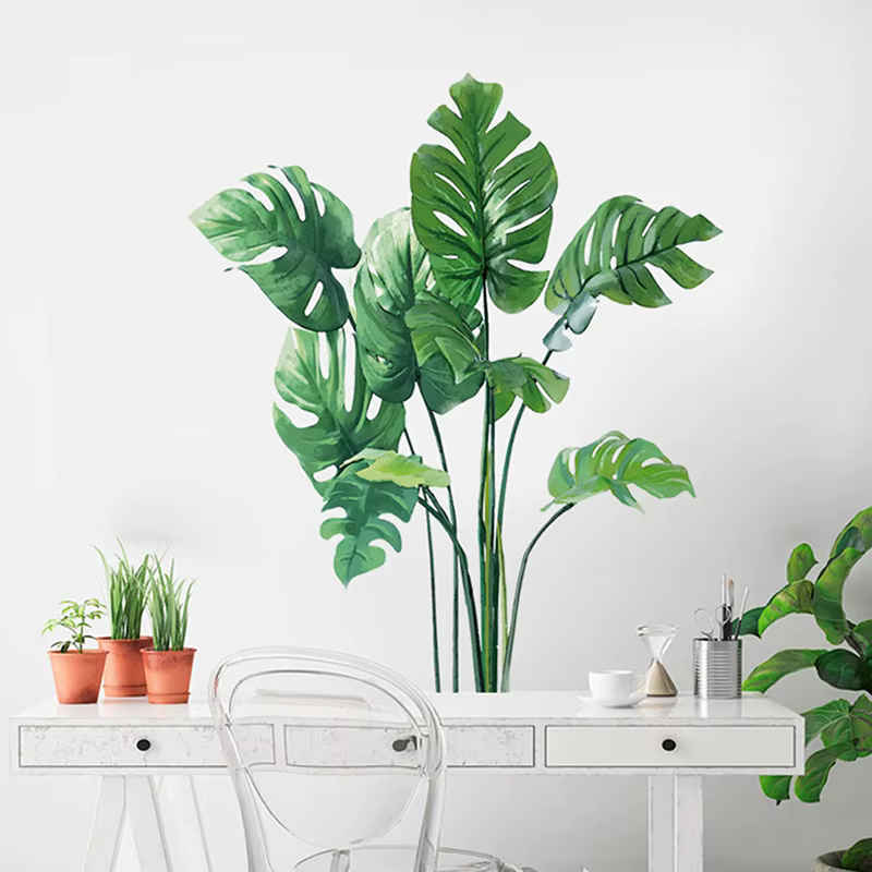 Grandes feuilles de plantes vertes tropicales, autocollants muraux, décoration de salle de maison, d