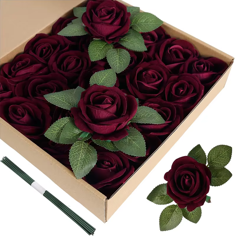 Fleurs artificielles Roses en velours 50 pièces Bouquet de Roses d'aspect réel fleurs pour bricolage