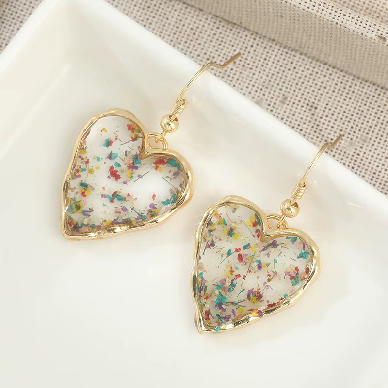 Boucles d'oreilles en forme de cœur pour femmes, fleurs séchées, résine transparente, bijoux romanti