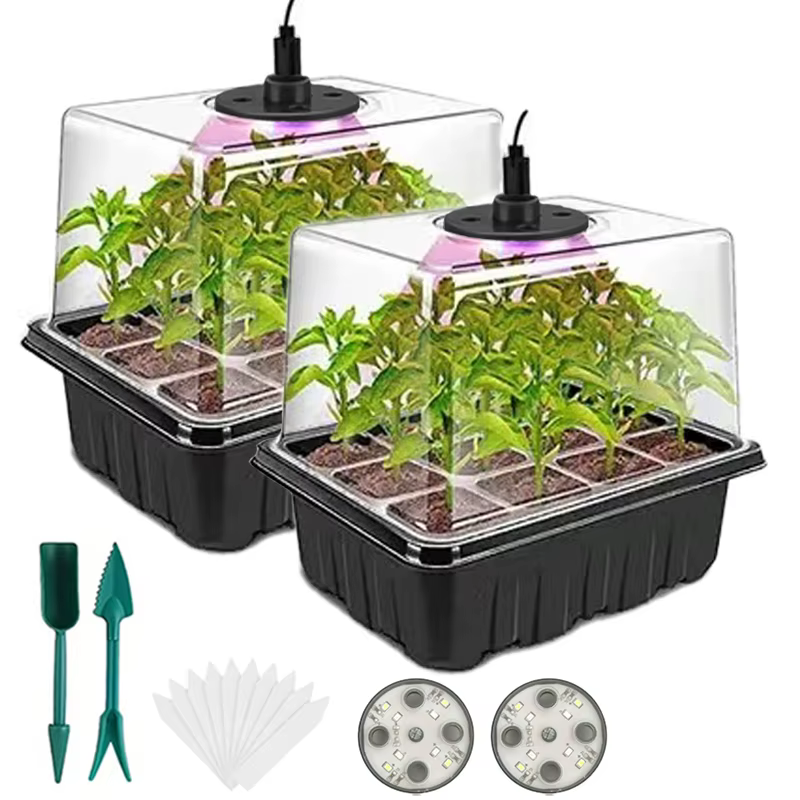 Plateau de démarrage de graines avec lumières de culture, 2 kits de germination de graines avec dôme