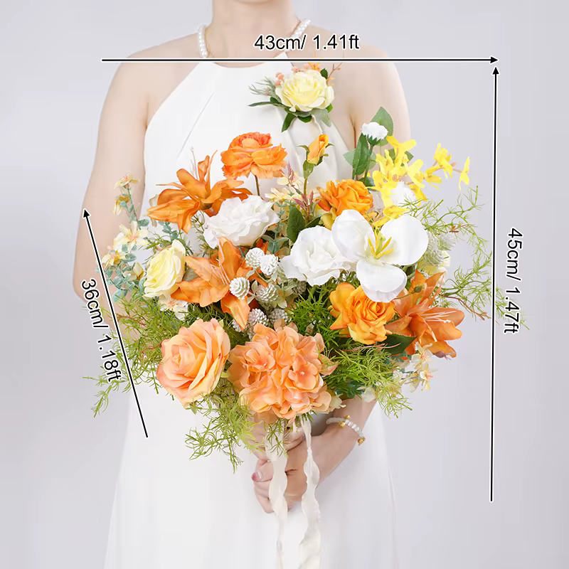 Bouquet de roses à main série Orange et blanc, accessoires floraux de mariage, fournitures pour évén