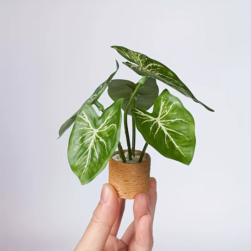 Mini Alocasia Artificielle, Veines Blanches, Pot Tressé à la Main, Décoration pour Maison de Poupées