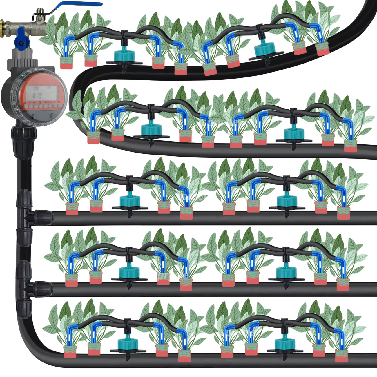Système d'arrosage automatique de jardin, Irrigation goutte-à-goutte à 4 voies, 3/5mm, transmetteur