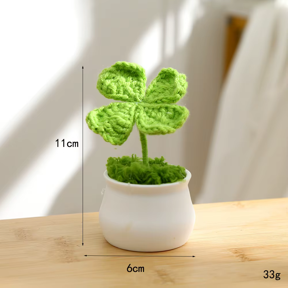 Plante tricotée mignonne en pot à quatre feuilles au crochet, fausse plante créative pour décoration