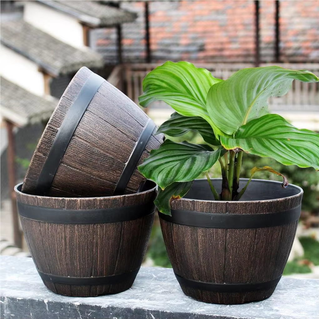 Simulation de barils de bois, Pot de fleur en résine de 9 pouces, jardinière en forme de seau de Sty