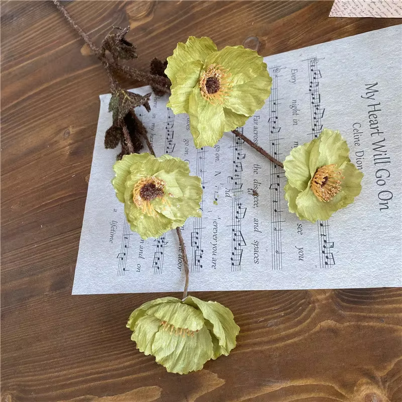 Bouquet de fleurs artificielles de pavot d'automne, 4 têtes, flocage d'opium, matériaux floraux pour