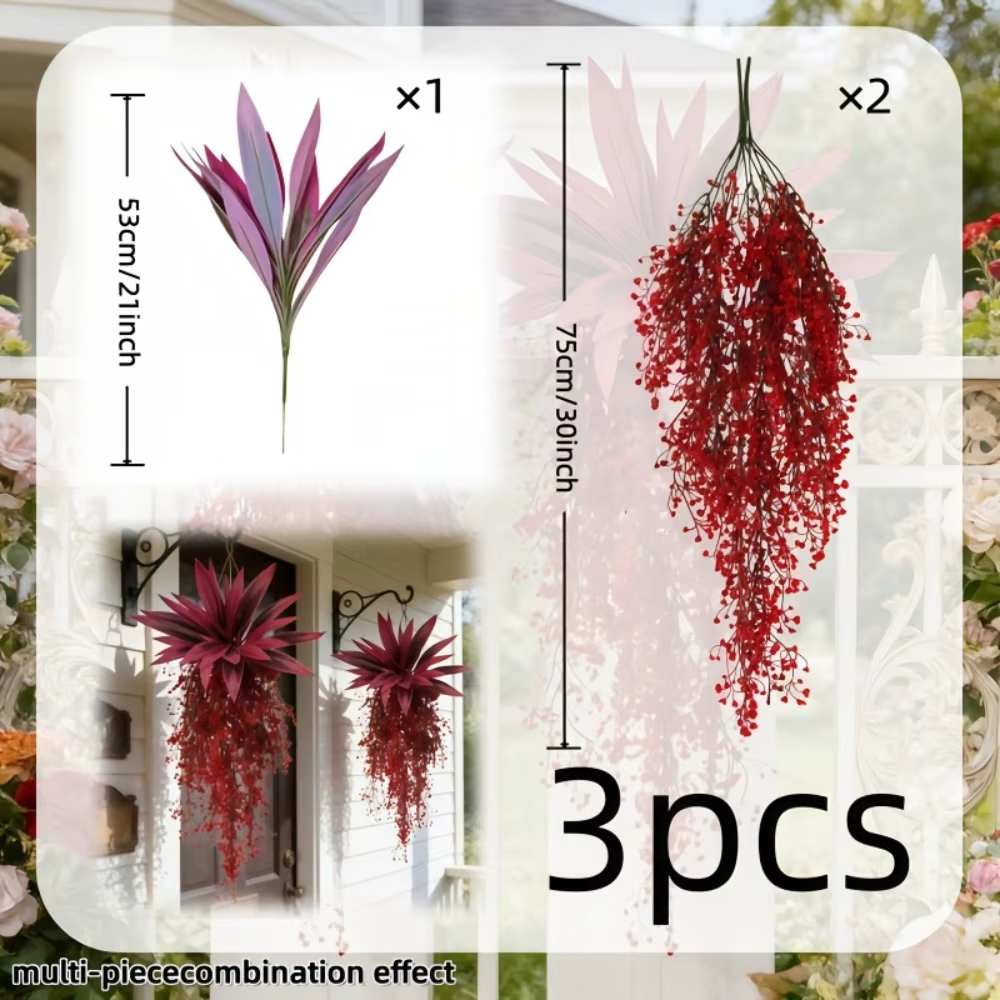 Plantes artificielles violettes et rouges, 3 pièces, Cordyline et saule à cloche dorée, réalistes, p