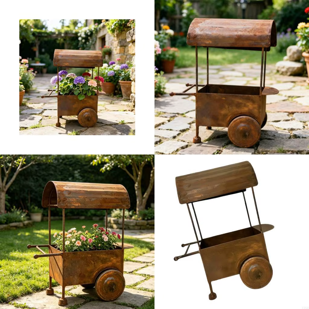 Petit conteneur jardinière en brouette rouillé, porte-fleurs, idéal pour l'aménagement paysager du j