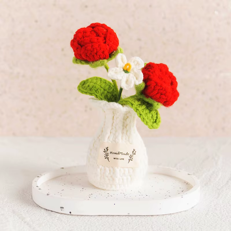 Pot de fleurs en tricot, adorable mini pot de tulipes au crochet, fleurs artificielles en pot, acces