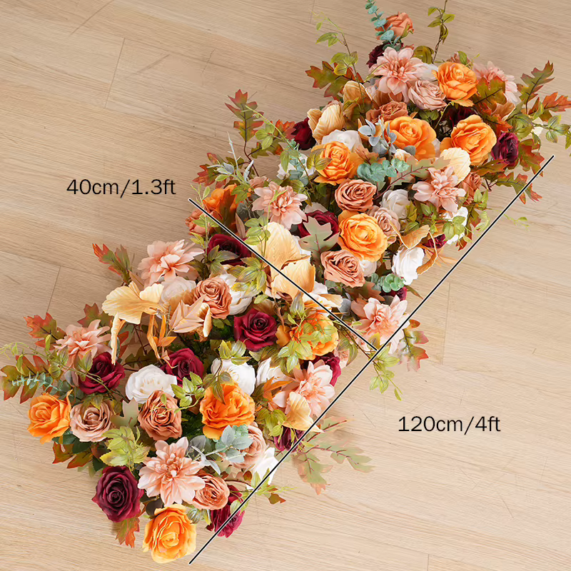 Automne Orange Rose Dahlia feuilles d'érable Arrangement de rangées florales toile de fond de mariag