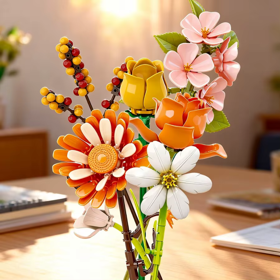 Bouquet de fleurs artificielles en blocs de construction, mélange de tournesols et de roses, cadeau