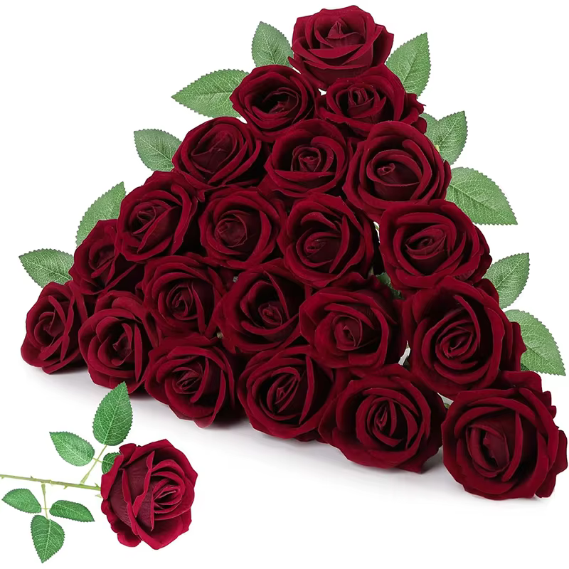 Roses artificielles en soie, 25 pièces, bordeaux True Touch, Bouquet de mariage pour mariée, décorat