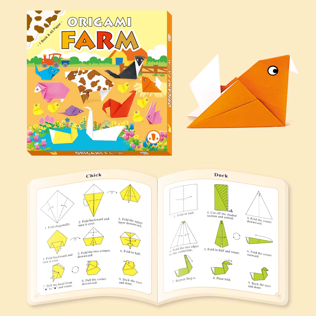 Boîte à outils de ferme d'origami pour enfants, 1 livre + 40 ensembles d'artisanat d'origami en papi