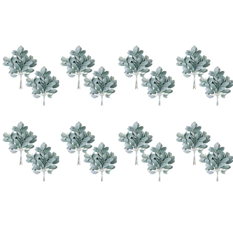 A36T-64Pcs Feuilles artificielles floquées en forme d'oreilles d'agneau, tiges, fausses branches d'o