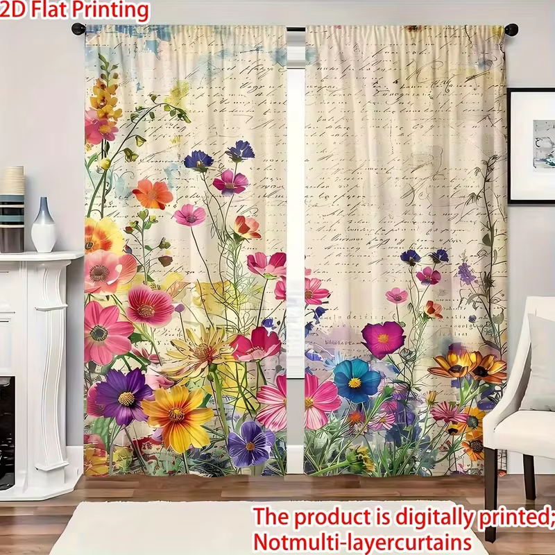 Rideaux transparents vintage à motifs floraux - Impression aquarelle nostalgique pour la décoration