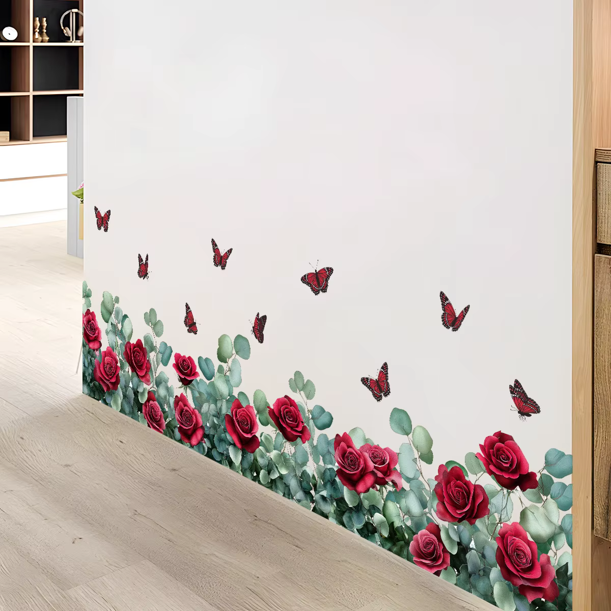 Autocollants muraux rétro Rose rouge, fleurs papillon, peintures murales pour fenêtre en verre, cham