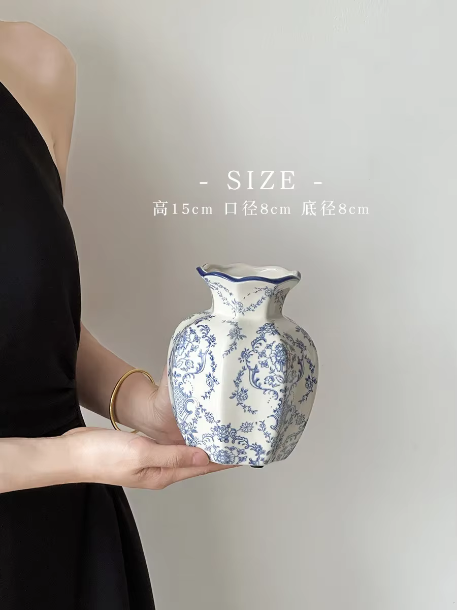 Vase en céramique Vintage, Pot de fleur en porcelaine bleue et blanche, Vase peint à la main pour fl