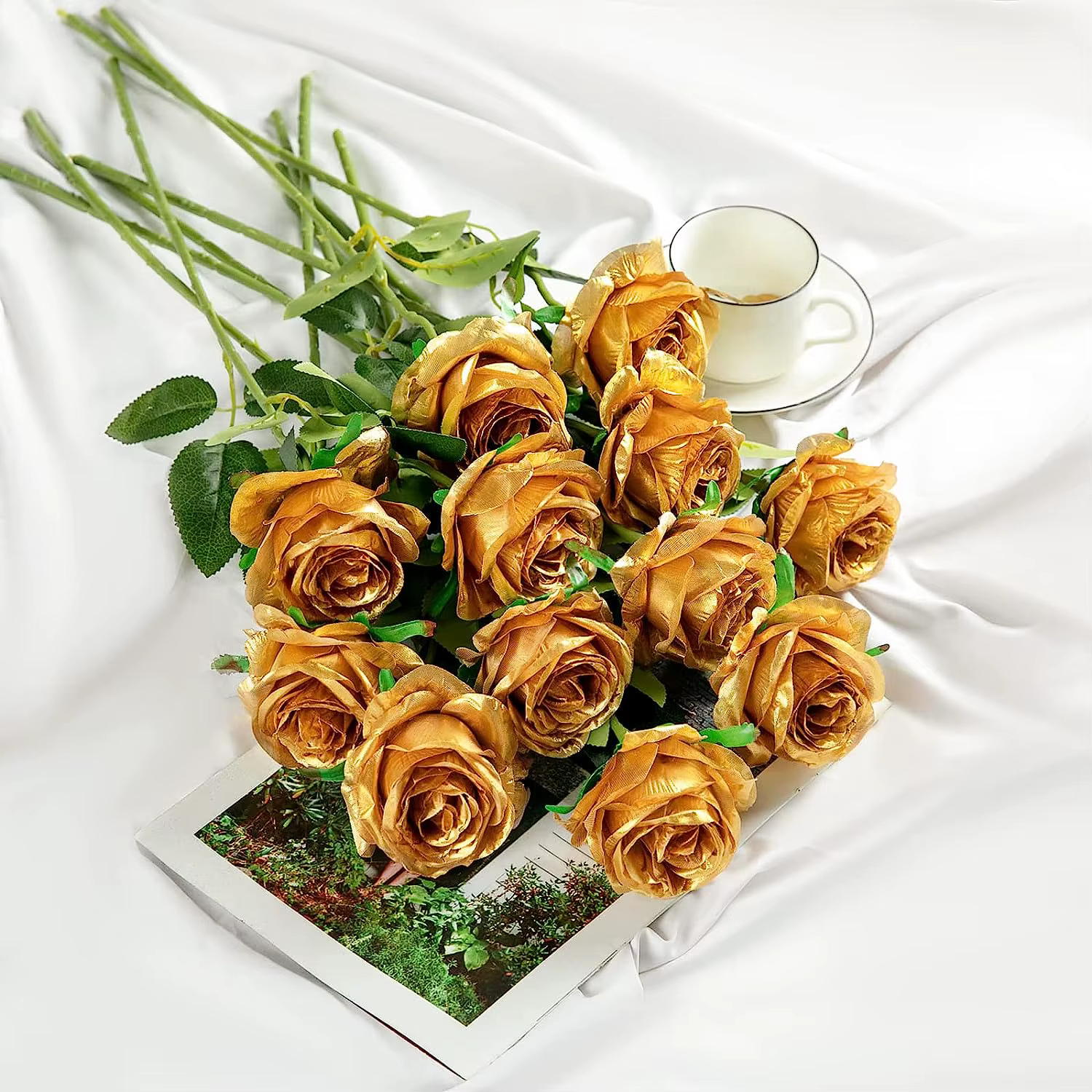 Rose artificielle dorée à longue tige pour la maison, la cuisine, la décoration de la chambre à couc