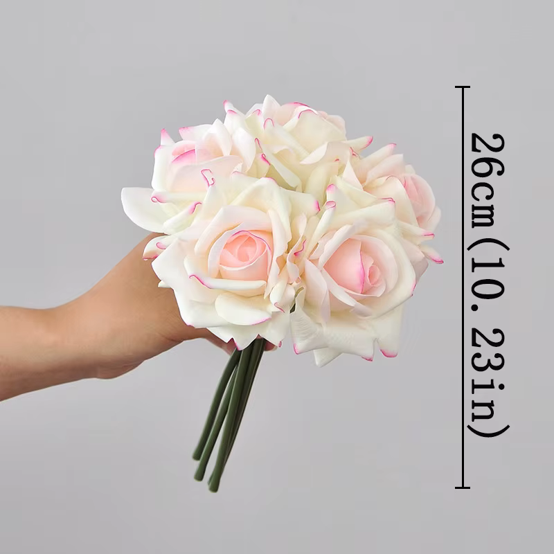 Fleurs artificielles 5 têtes, toucher réel, bord bouclé, Bouquet de roses, fleurs hydratantes, Bouqu