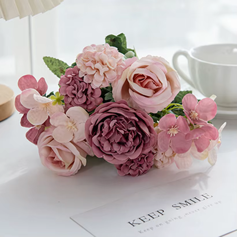 Fleurs artificielles en soie : pivoine, rose, hortensia – Bouquet de mariage, couronne de jardin, dé