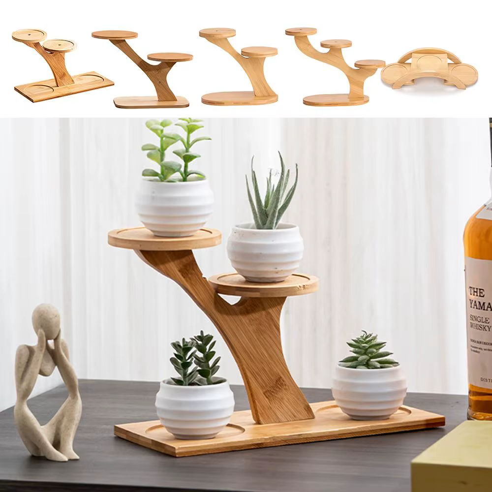 Pot de Fleurs en Bois de Bambou, Support de Plantes Multicouches, Succulentes, Bonsaï, Ornement de B