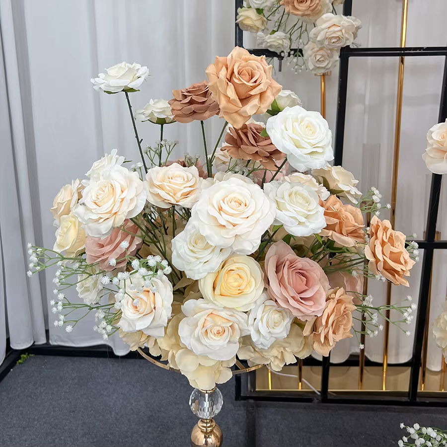 Décoration florale d'automne marron pour arche en panneau KT, simulation de fleurs, roses blanches, 