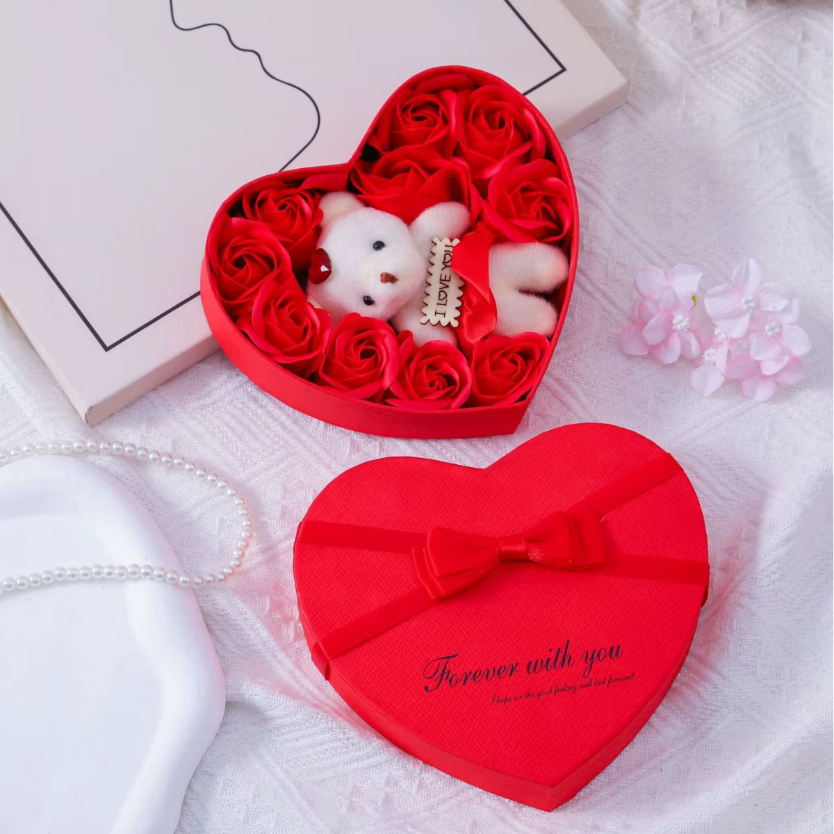 10 fleurs artificielles, cadeau de saint-valentin pour elle, boîte-cadeau de roses avec ours mignon,
