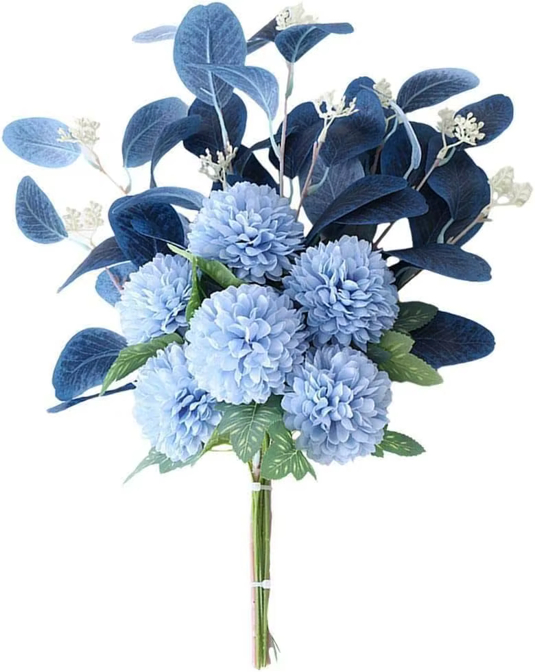 Bouquet de Fausses Fleurs Bleues et Blanches, Hortensia Artificielle, Chrysanthème, InjFlowers, pour