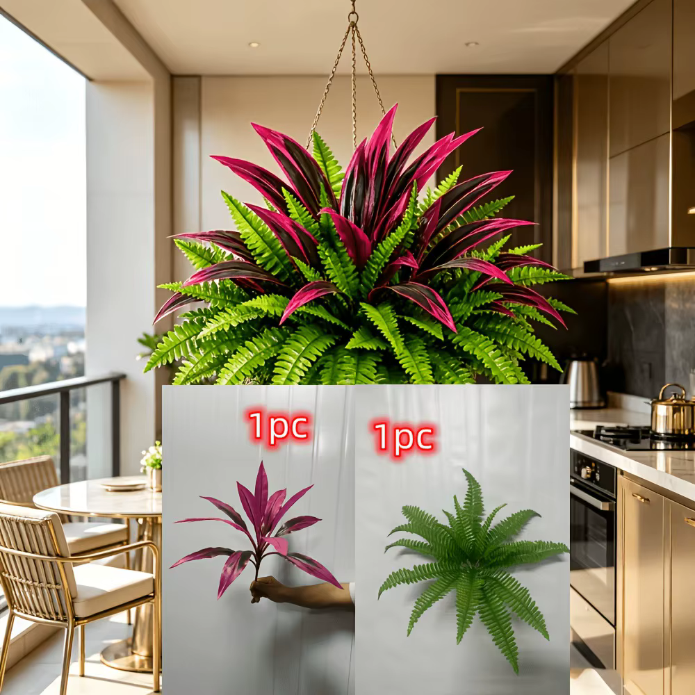 Alocasia à feuilles rouges (Aroides) avec fougère artificielle Asplenium, verdure artificielle d'ext