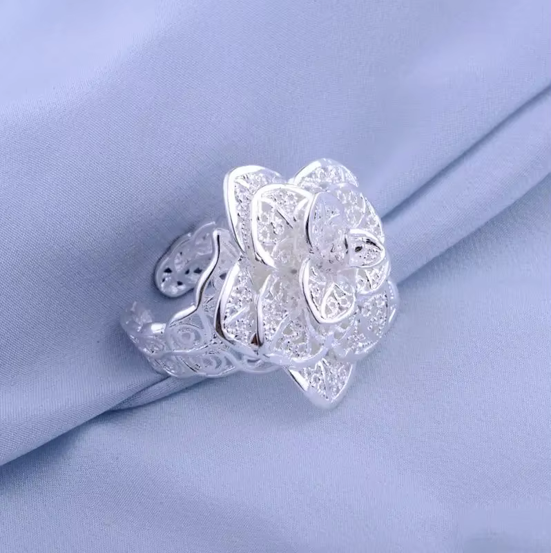 Bague en or Sterling 925 18 carats pour femmes, jolie grande fleur, à la mode, pour fête de mariage,