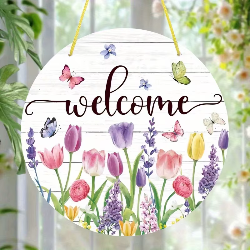 1 pièce, Panneau de bienvenue floral d'été en bois à suspendre, motif tulipe et papillon, idéal pour