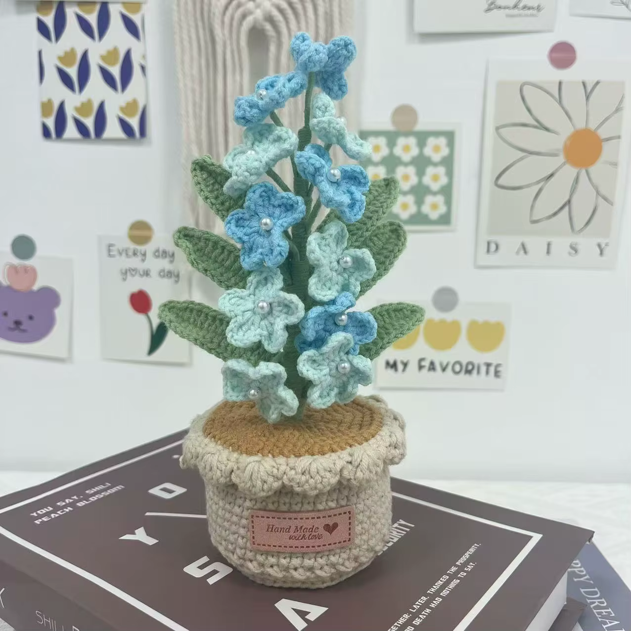 Fleurs en laine au crochet faites à la main, Pot de fleur Myosotis Sylvatica, décoration de maison, 