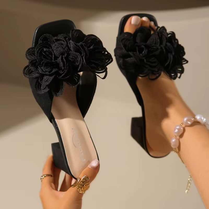 Femmes fleur pantoufles à talons hauts chaussures de marche décontractées femme été mode robe sandal