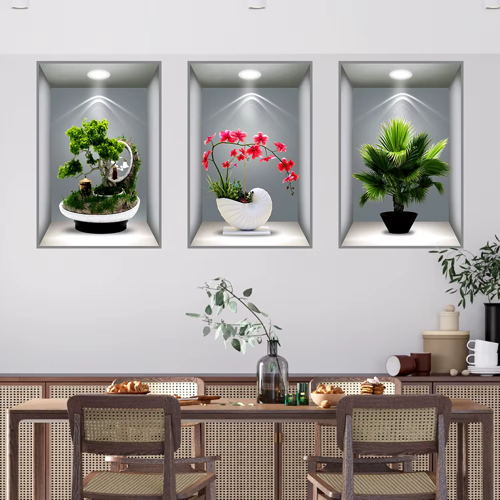 Autocollants de plantes en pot auto-adhésifs, simulation 3D, effets de fleurs, décoration de couloir