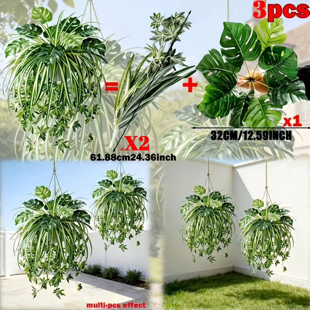 3 plantes artificielles murales en PVC, Chlorophytum en pot et feuilles de tortue, plantes vertes en