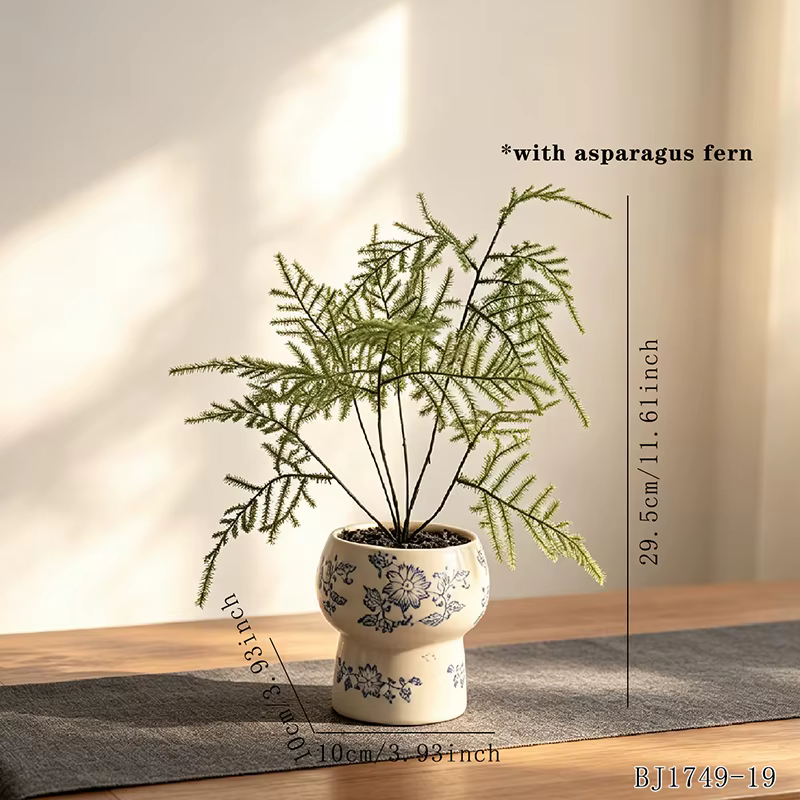 Pot de fleurs en céramique rétro style Zen avec fougère asperge artificielle pour la décoration apai