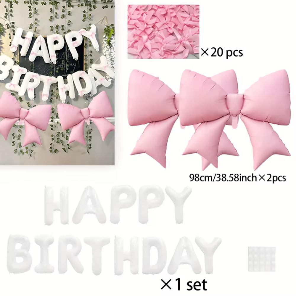 Ballon d'anniversaire rose avec nœud, ballon lettre Joyeux Anniversaire avec ruban rose pour décorat