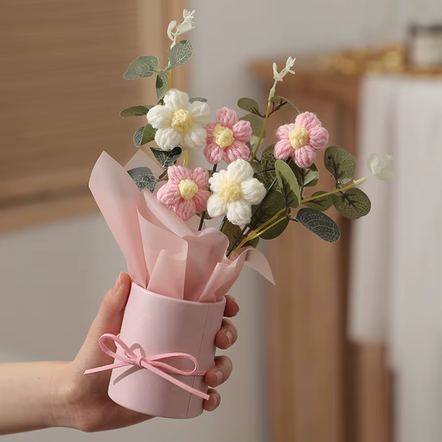1 Pièce Magnifique Bouquet de Fleurs en Fil de Laine avec Tube Floral, Décoration de Table Basse, Ca