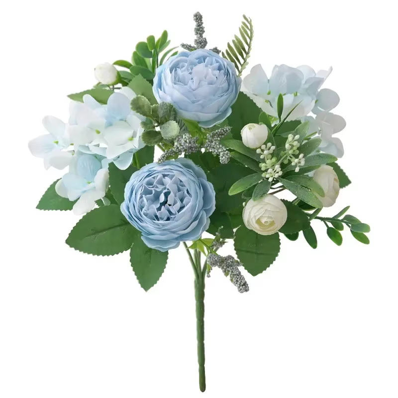 Bouquets en soie bleue, hortensia artificielle, bourgeon de pivoine, Bouquet à main pour mariée, mai