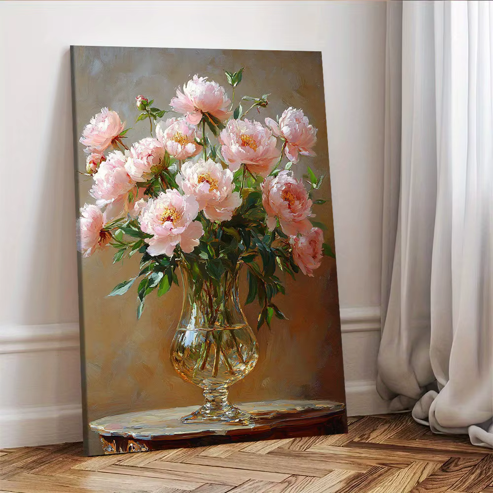 1 pièce, peinture encadrée de pivoines modernes dans un vase en cristal - Art mural sur toile floral