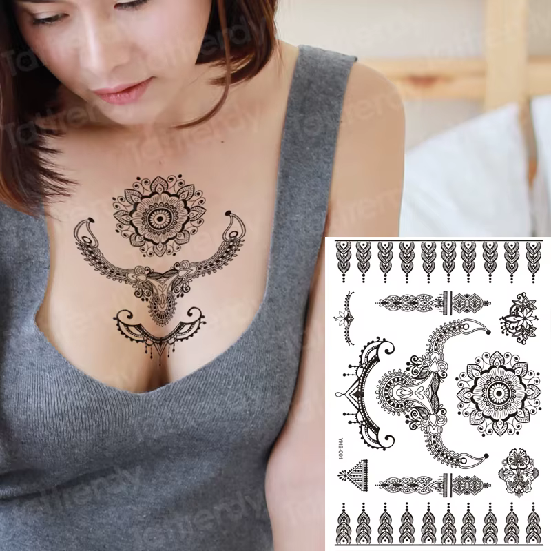 Autocollant de tatouage temporaire, motif dentelle henné, mandala indien sexy, fleur rose à la main,