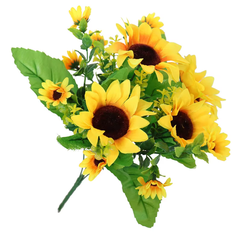 1 bouquet de 13 têtes de tournesols artificiels, arbustes de 30 cm, bouquet de fleurs artificielles 
