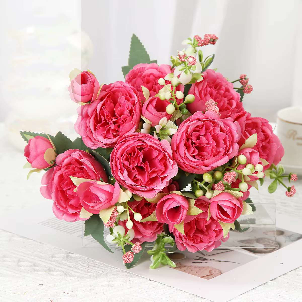 Roses artificielles roses blanches, Bouquet de roses en soie, fleurs artificielles, décoration de ja