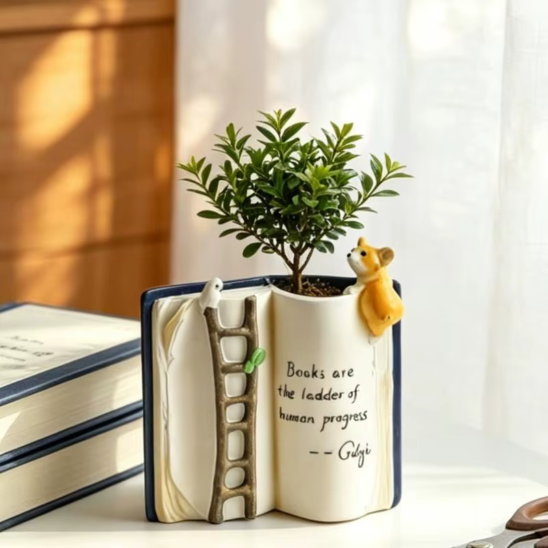 Pot fleur à livre ouvert pour affichage bureau étagère fenêtre, Pot d'intérieur pour bureau, salle