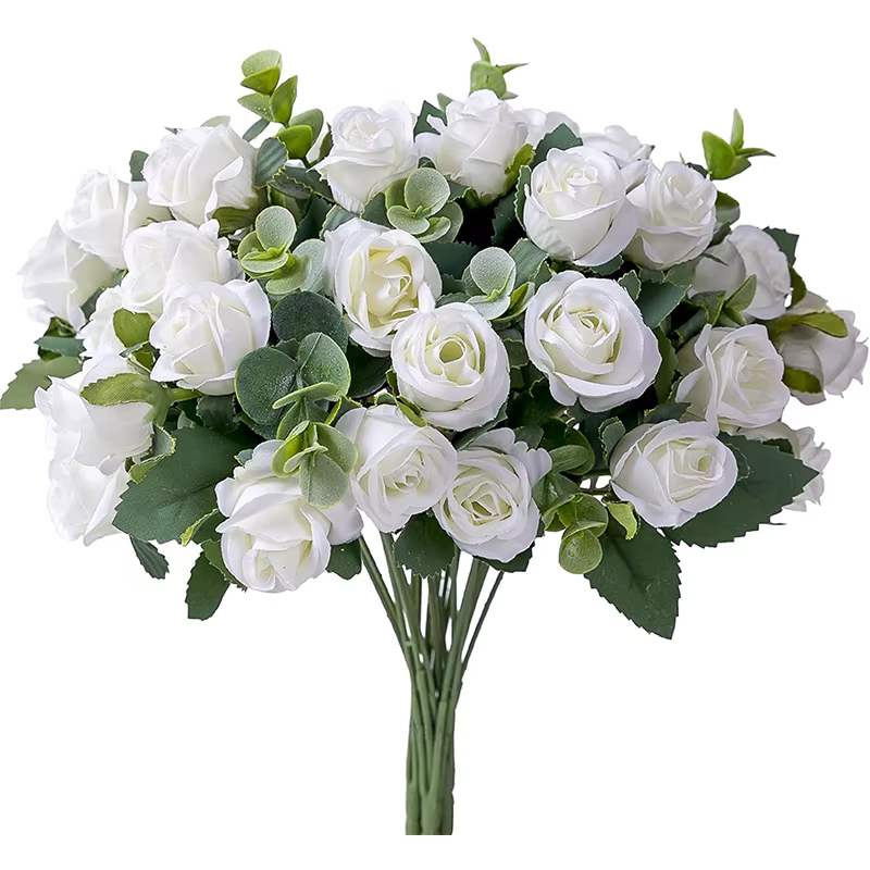 Bouquet de roses artificielles en soie, 10 têtes, feuilles d'eucalyptus blanches, fausses fleurs pou