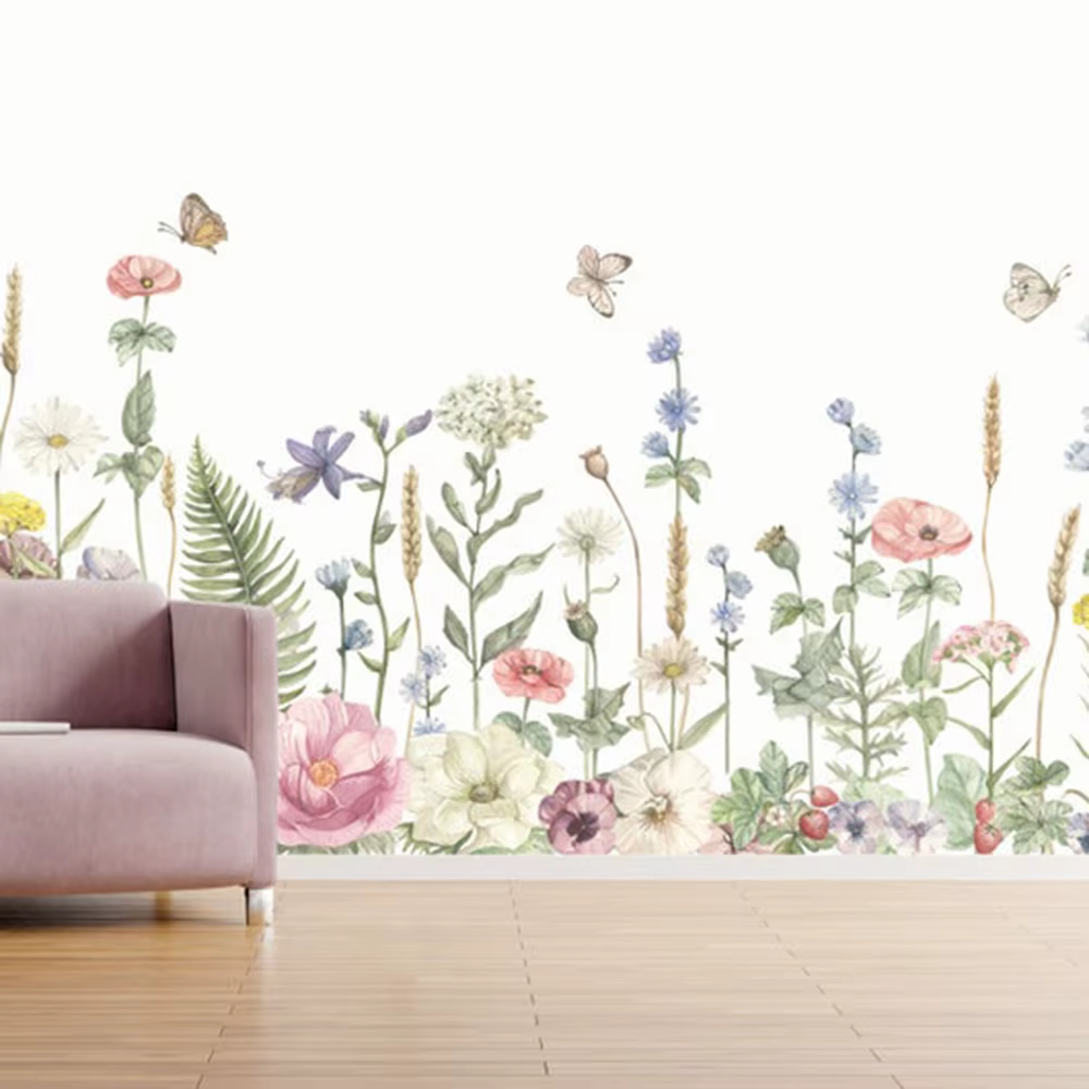 Autocollants muraux aquarelle fleurs sauvages papillon, sparadrap muraux floraux pour chambre à couc