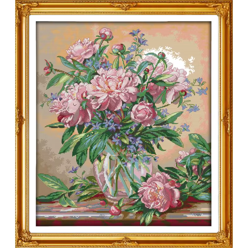 Vase à fleurs rose à motifs floraux, Kit Aida 14CT 11CT, points de croix, toile comptée, tissu impri