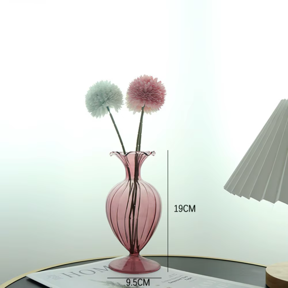 Vase à fleurs en verre coloré côtelé simple, bouteille hydroponique de bureau pour la décoration de